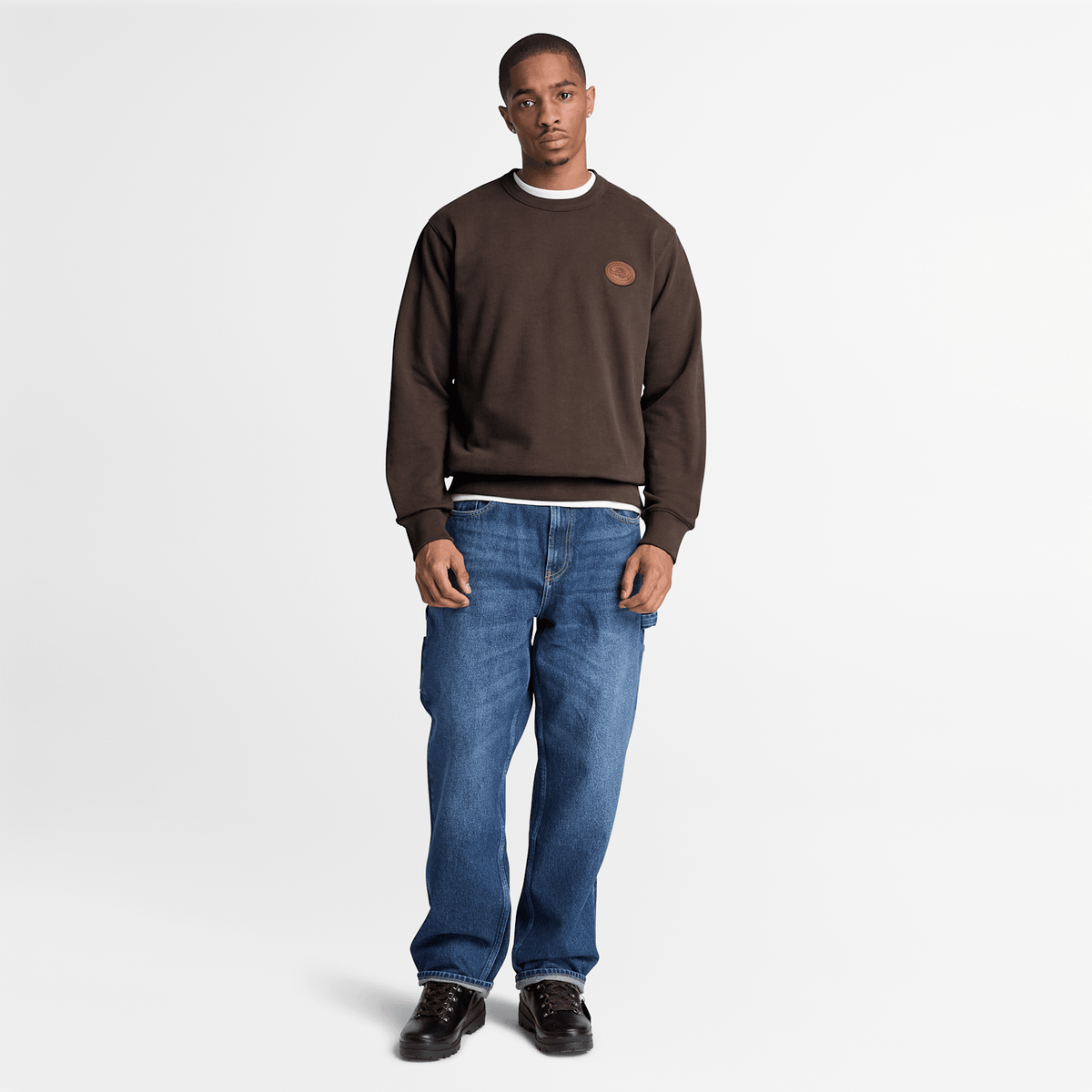 Mens Leather Patch Crew Sweatshirt TBL Dark Brown ALT2