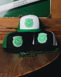 Green Sketchy Crest Flat Bill Trucker Snapback